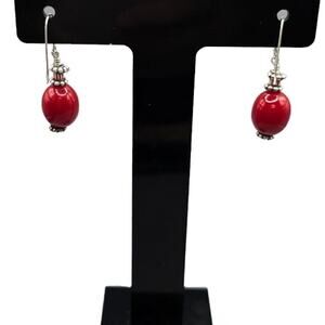 Artisan Red Beaded Earrings Sterling Silver French Wire Vintage Style Dangle